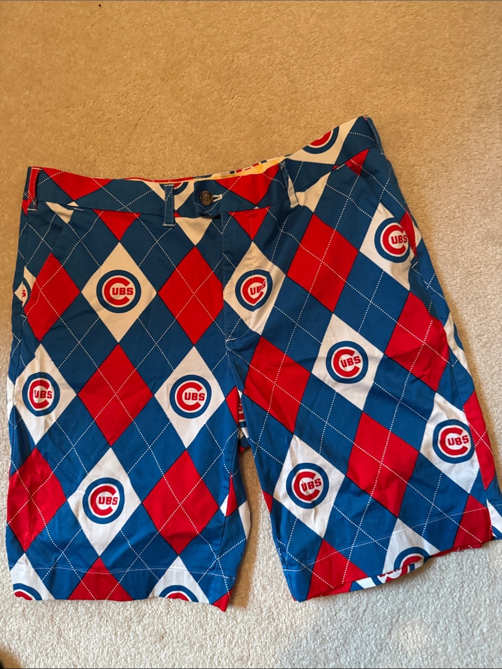Men’s Loudmouth Chicago Cubs Argyle Logo Golf Shorts — Red, Blue, White